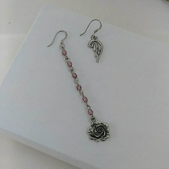 🔴SOLD Rose Angel Wing Charm Asymetrical Earrings - Picture 4 of 8